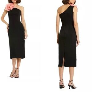 MAC DUGGAL One-Shoulder Floral Appliqué Midi-Dress